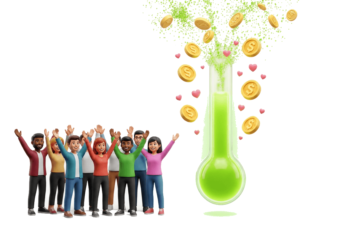 Supporters raising funds beside a donation goal meter