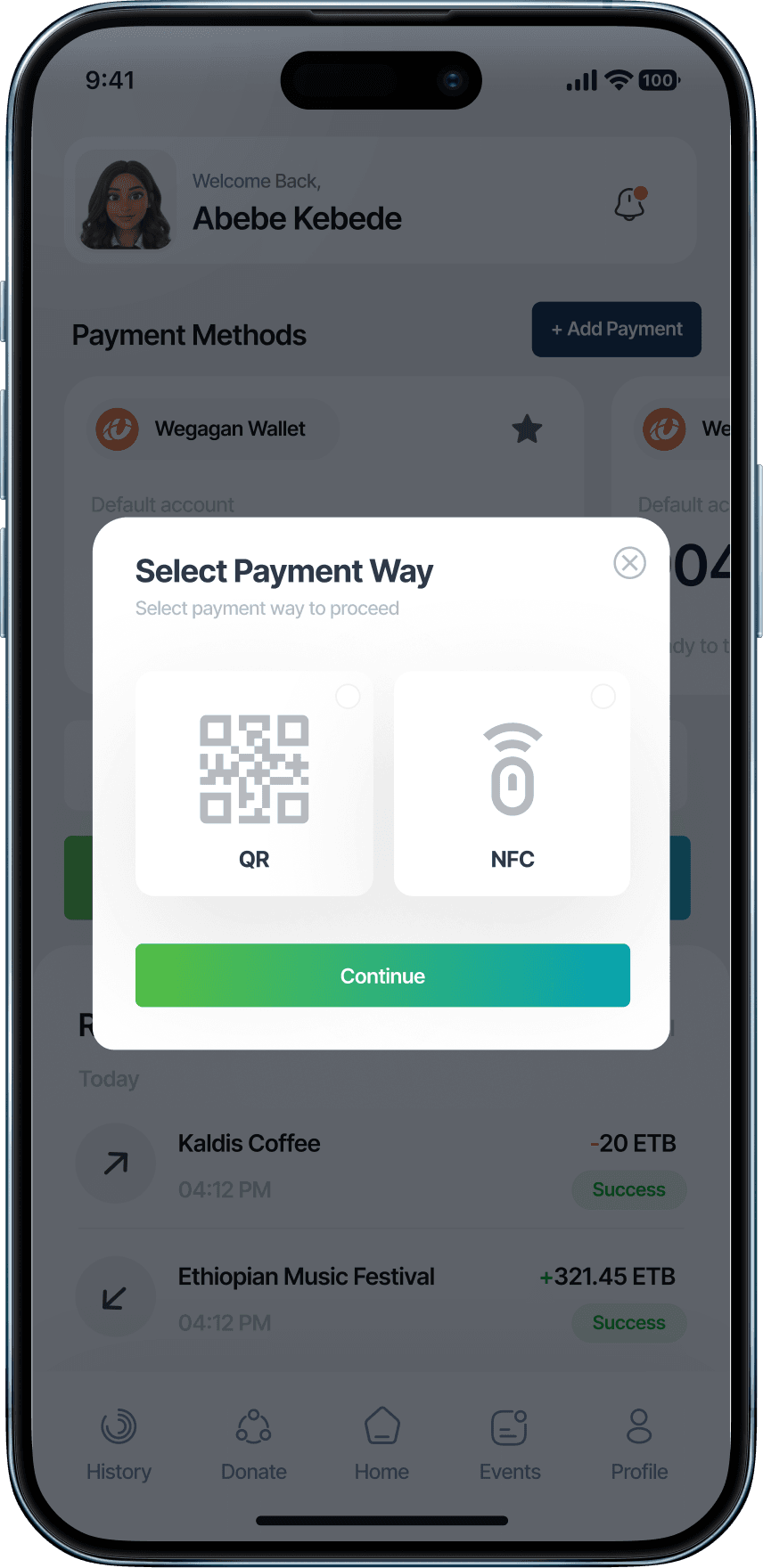 Link App QR and NFC payment selection on a phone